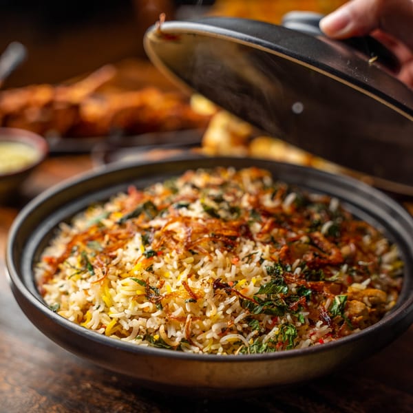 Steaming biryani in a black pot, garnished with fried onions and herbs, as a hand lifts the lid.