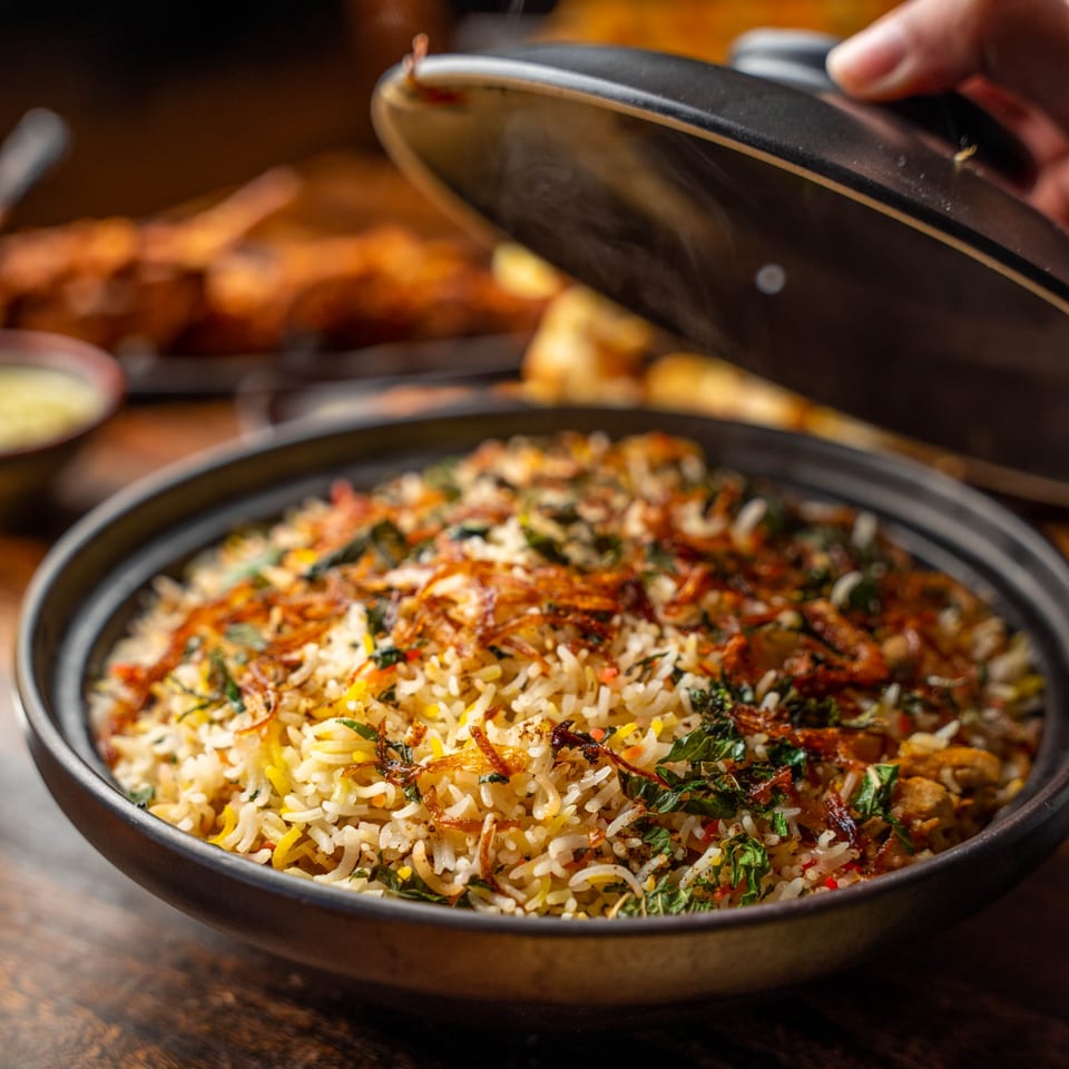 Steaming biryani in a black pot, garnished with fried onions and herbs, as a hand lifts the lid.