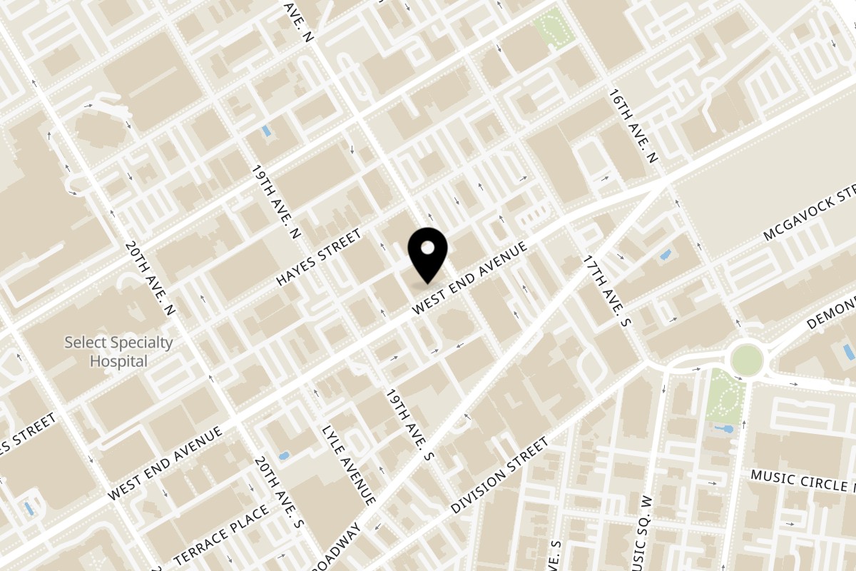 Map showing the location of Inchin's Bamboo Garden Nashville on 1800 West End Ave in Nashville